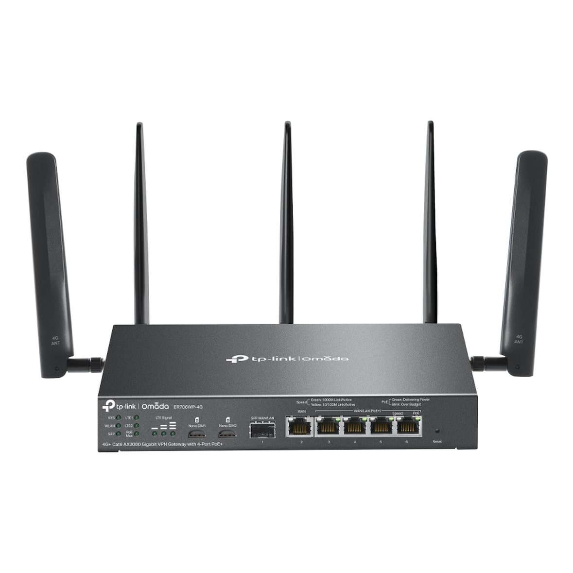 TP-Link Omada ER706WP-4G V1 - Wireless Router - WWAN 4-Port-Switch - 1GbE - WAN-Ports: 6 - Wi-Fi 6 - Dual-Band - 4G, 3G