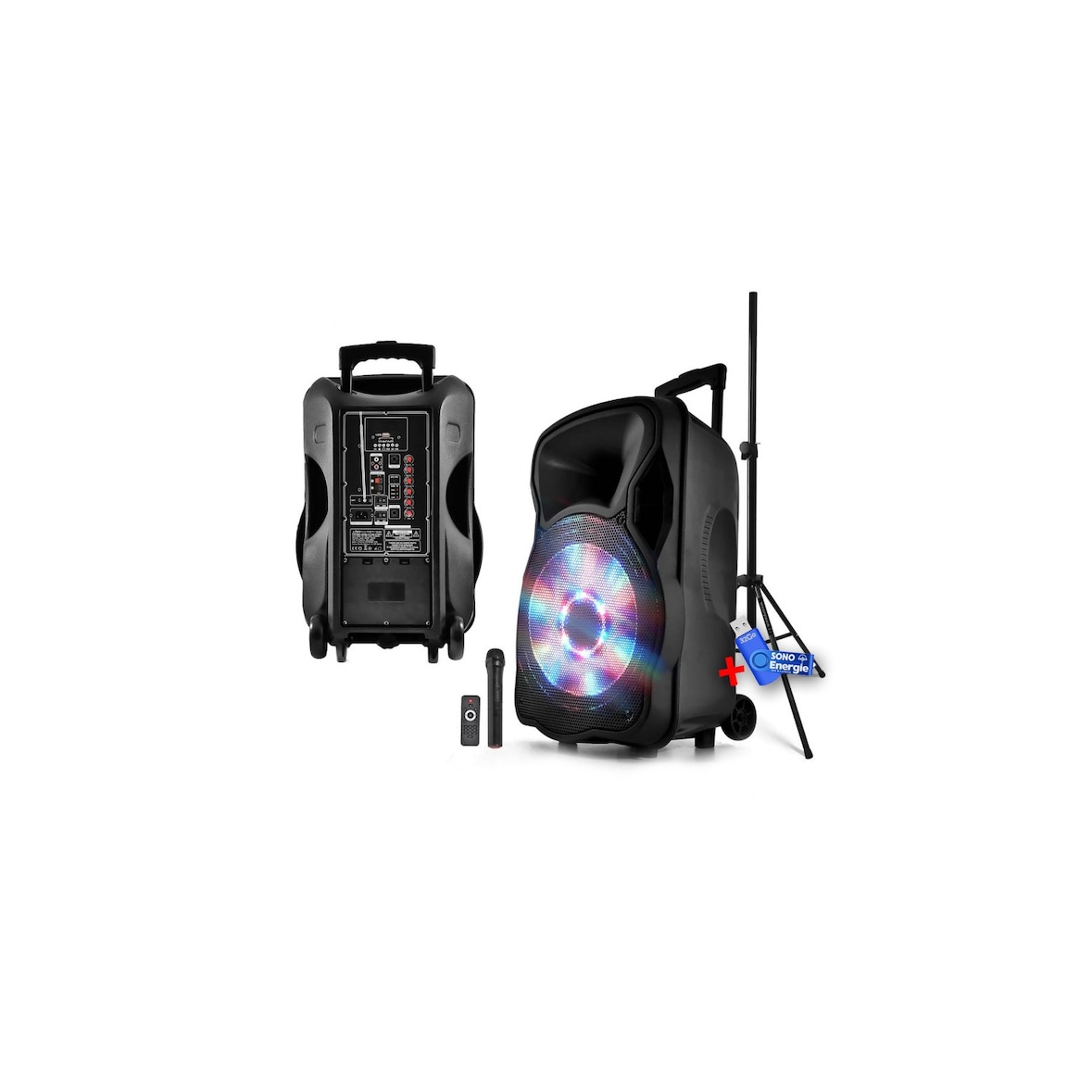 Enceinte mobile active à LEDs RVB USB/BT/SD/FM 800W 15"/38cm + pied