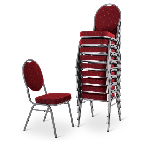 Stapelstuhl 10er-Set, Bankettstuhl stapelbar & gepolstert, Silber/Rot, robust, mit stabilem Stahlrahmen | Raburg Vienna