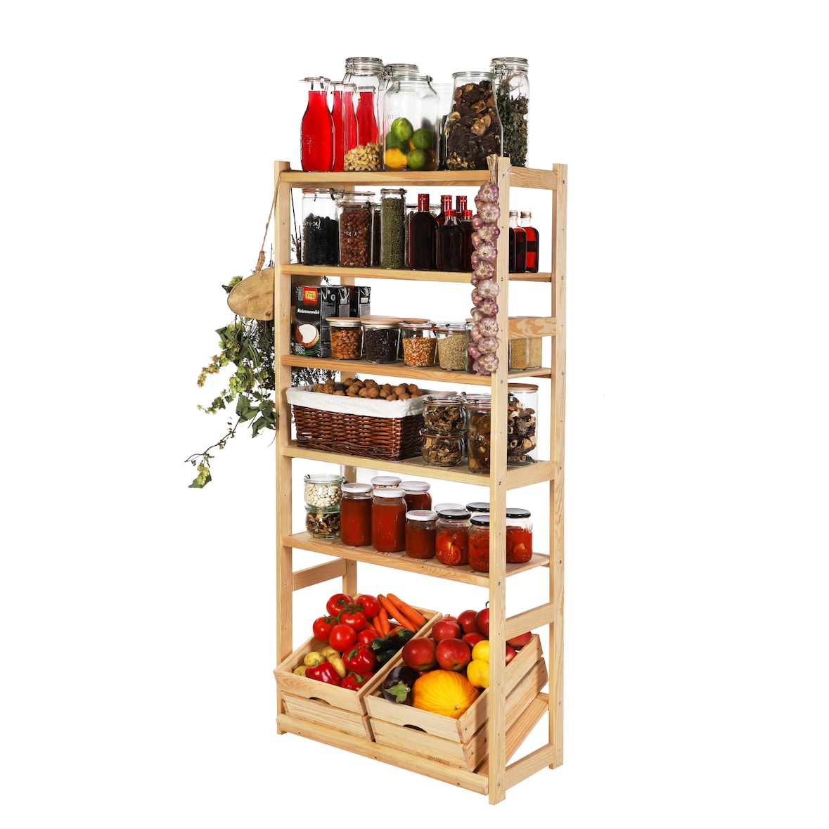 PROREGAL Getränkekistenregal SPREEWALD HxBxT 163x70x33cm 1 Ebene für Kisten + 5 Ablagen Massives Kiefernholz Natur Getränkekistenständer