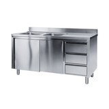 thumbnail of Edelstahl Spülschrank 2 Becken links, mit Aufkantung, 3 Schubladen rechts, Premium: 140 x 70 cm / mit Aufkantung / fertig montiert