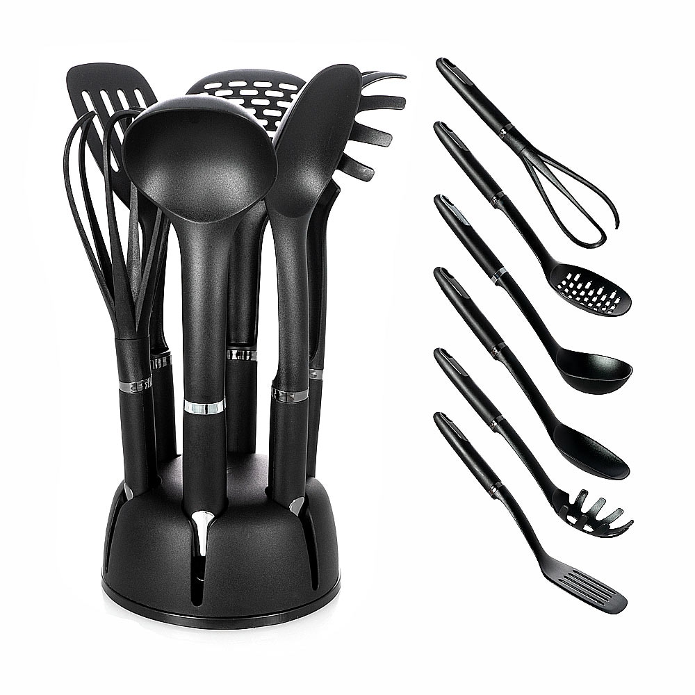BEM 6tlg. Küchenutensilien Kochlöffel Küchenhelfer Set mit Pfannenwender Suppenkelle Spaghettilöffel Nudellöffel Schaumlöffel Schneebesen + Behälter