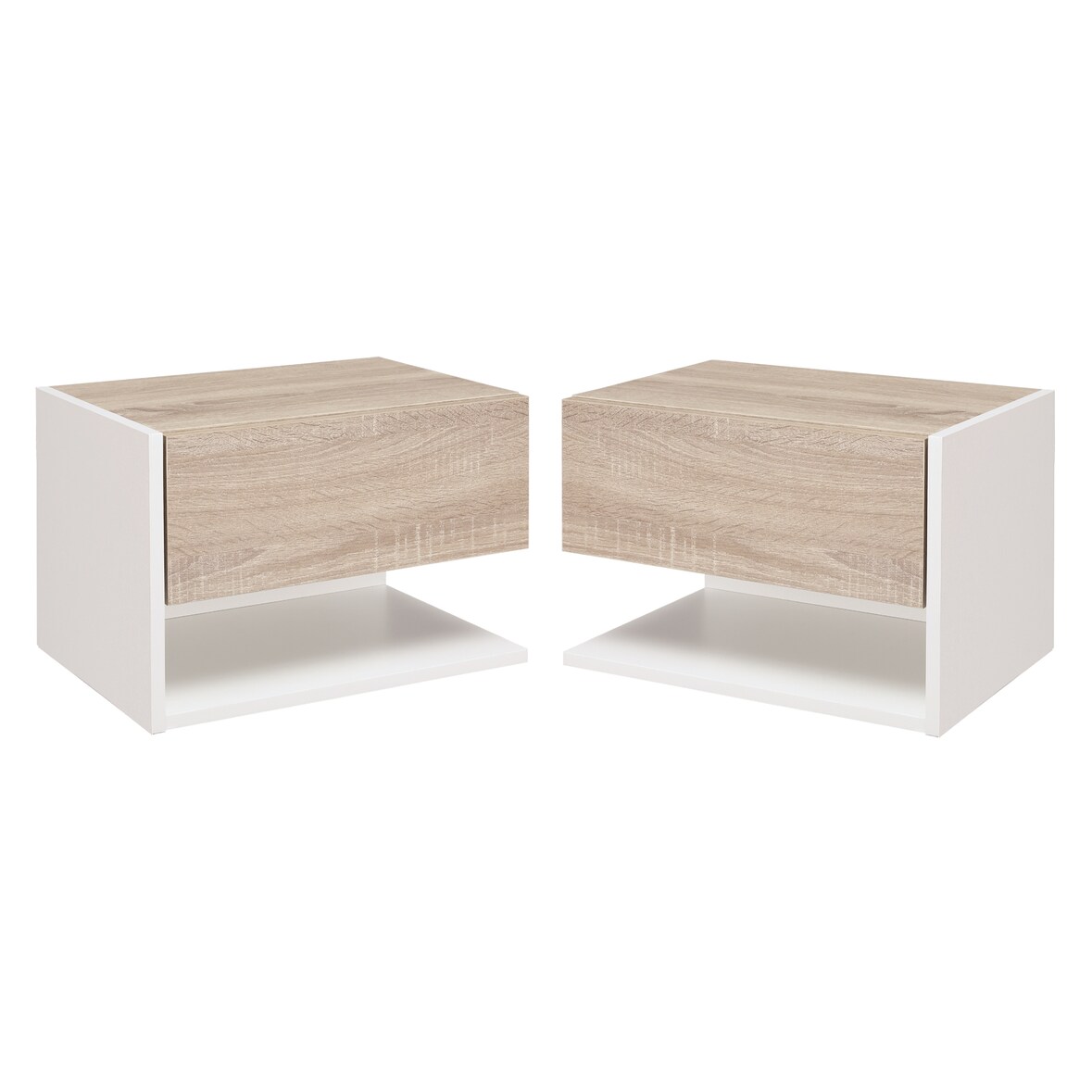 HOMCOM Juego de 2 Mesitas de Noche Flotantes de Madera con 1 Cajón y Estante Abierto Diseño Montado en Pared Moderno 46x30x30 cm Roble y Blanco