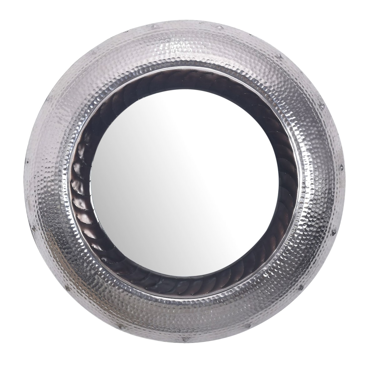 Wandspiegel 74 cm Metall Design Hängespiegel Silber, Aluminium Dekospiegel Rund mit Rahmen Hammerschlag, Spiegel Wand Groß, Flurspiegel