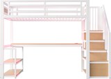 thumbnail of Metall-Hochbett mit Tisch und Regalen, Weiß, 90x200 cm, Sicherheitszaun, MDF + Metall