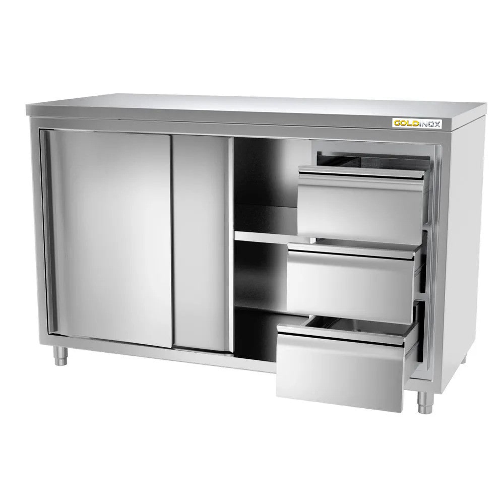 Meuble bas inox 1600x600 mm avec 3 tiroirs à droite PREMIUM - GOLDINOX