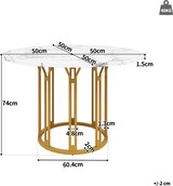 thumbnail of Esstisch Set 5 teilig rund Gold 100x100x74 cm mit 4 Polsterstühlen Leinenbezug, MDF Tischplatte in Marmoroptik, Metallgestell