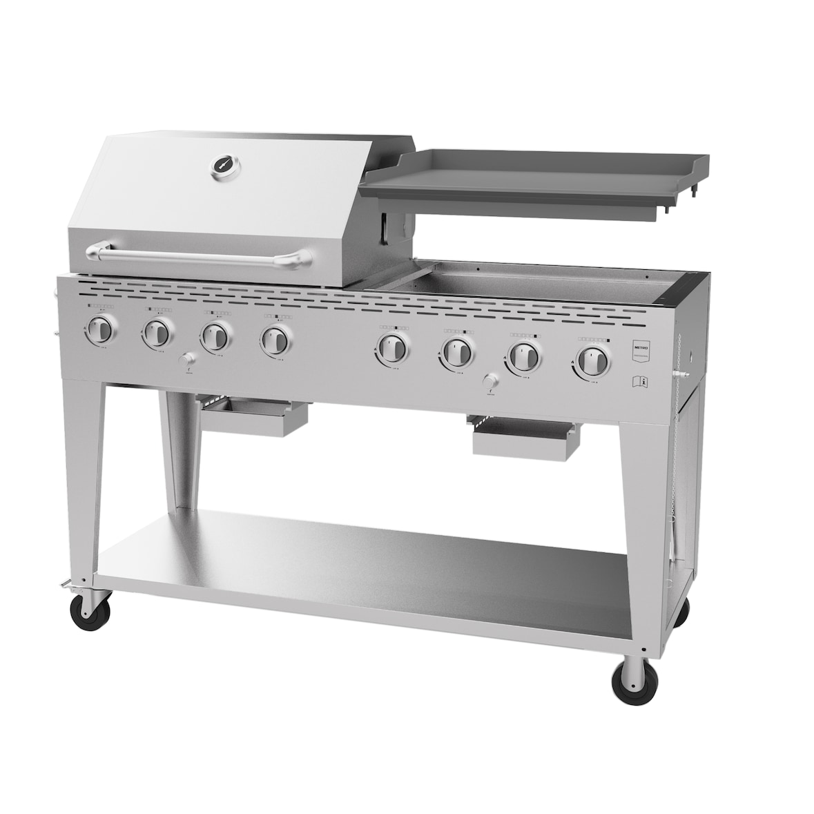 METRO PROFESSIONAL 8-Brenner Gasgrill mit Plancha, Grillfläche 67 x 51 cm, mit Abdeckung, fahrbar, Edelstahl, silber