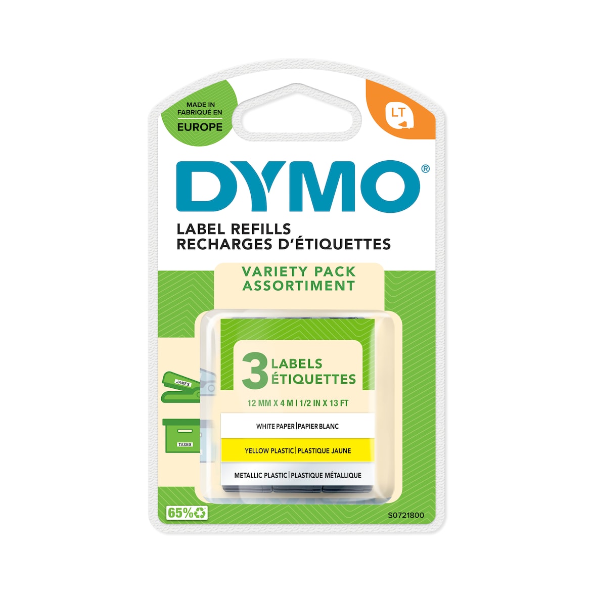 DYMO Cinta de escritura original para LetraTag, paquete de 3 etiquetas de papel / plástico surtidas de 12 mm de ancho S0721800
