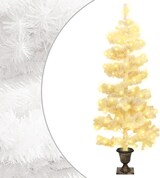 Ein weißer Weihnachtsbaum mit Lichtern in einem Topf.