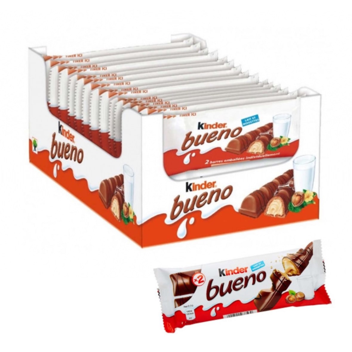 Kinder Bueno - Fine Gaufrette Chocolat au Lait avec un Coeur Lait et Noisettes 30 x 21,5g /Boîte 3 boîtes