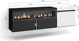 Una moderna consola de medios blanca y negra con chimenea.
