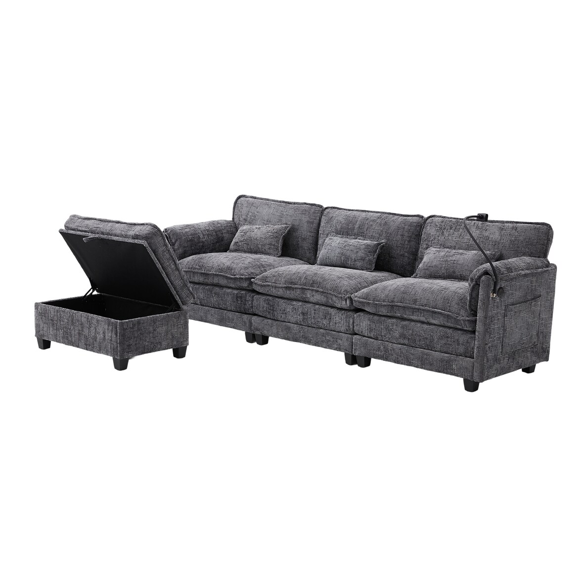 Merax 3-Sitzer Schlafsofa aus Chenille, Ecksofa Mit USB-Anschluss, Seitentasche, Handyhalter und modularen Hockern, Grau