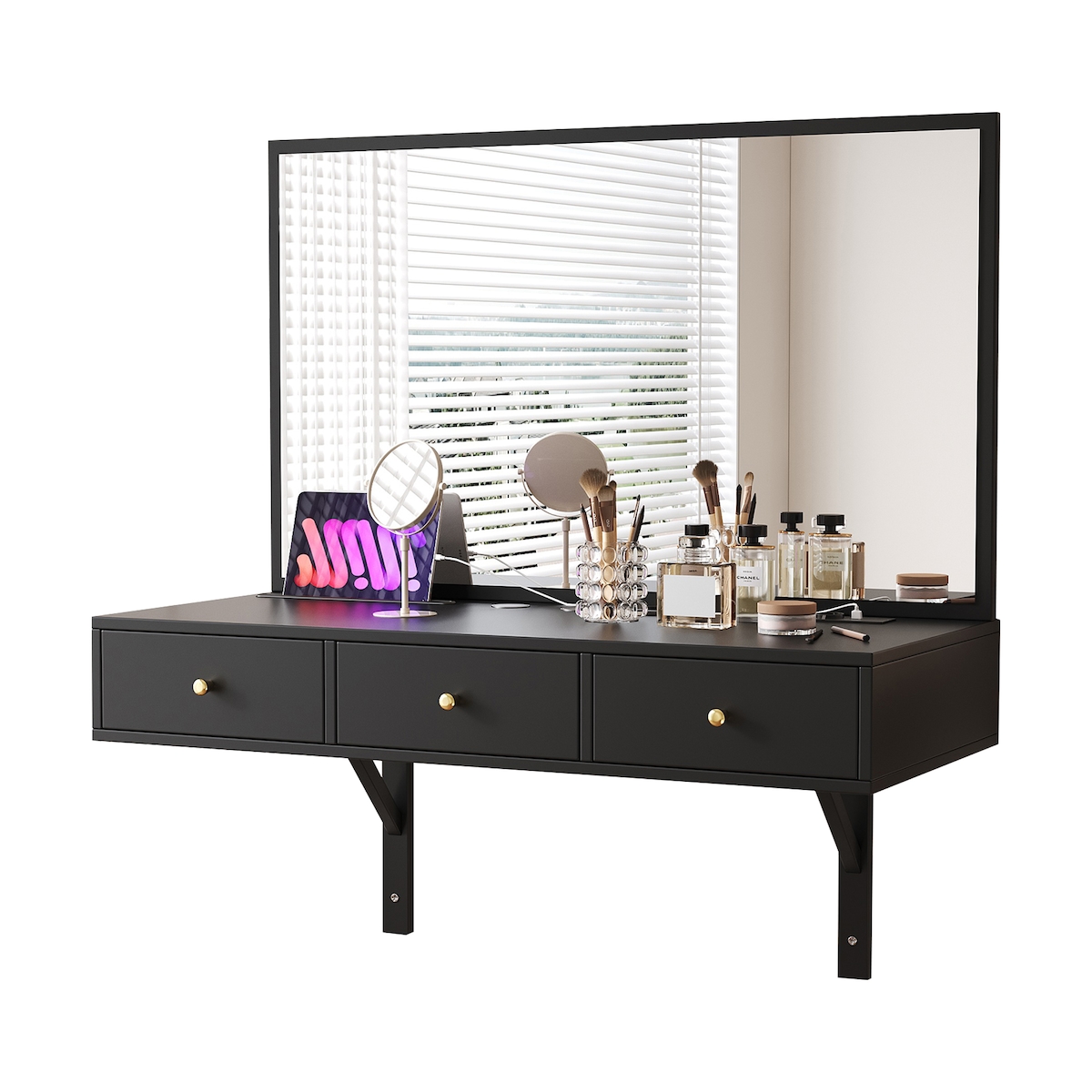 OKWISH Wandhängender Schminktisch 100x45x105 mit Spiegel Steckdosen 3-Schubladen Make-up-Tisch Organizer platzsparend modern Schwarz