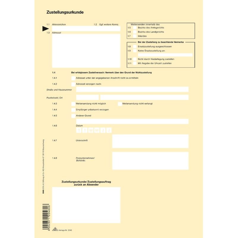 RNK Verlag Vordruck 'Zustellungsurkunde', DIN A4