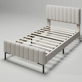 thumbnail of Polsterbett Einzelbett 90×200 mit verstellbarem Kopfteil, gepolstert, Leinenbezug, Massivholz und Metallrahmen, Schlafzimmer, Gästezimmer, Grau-Beige
