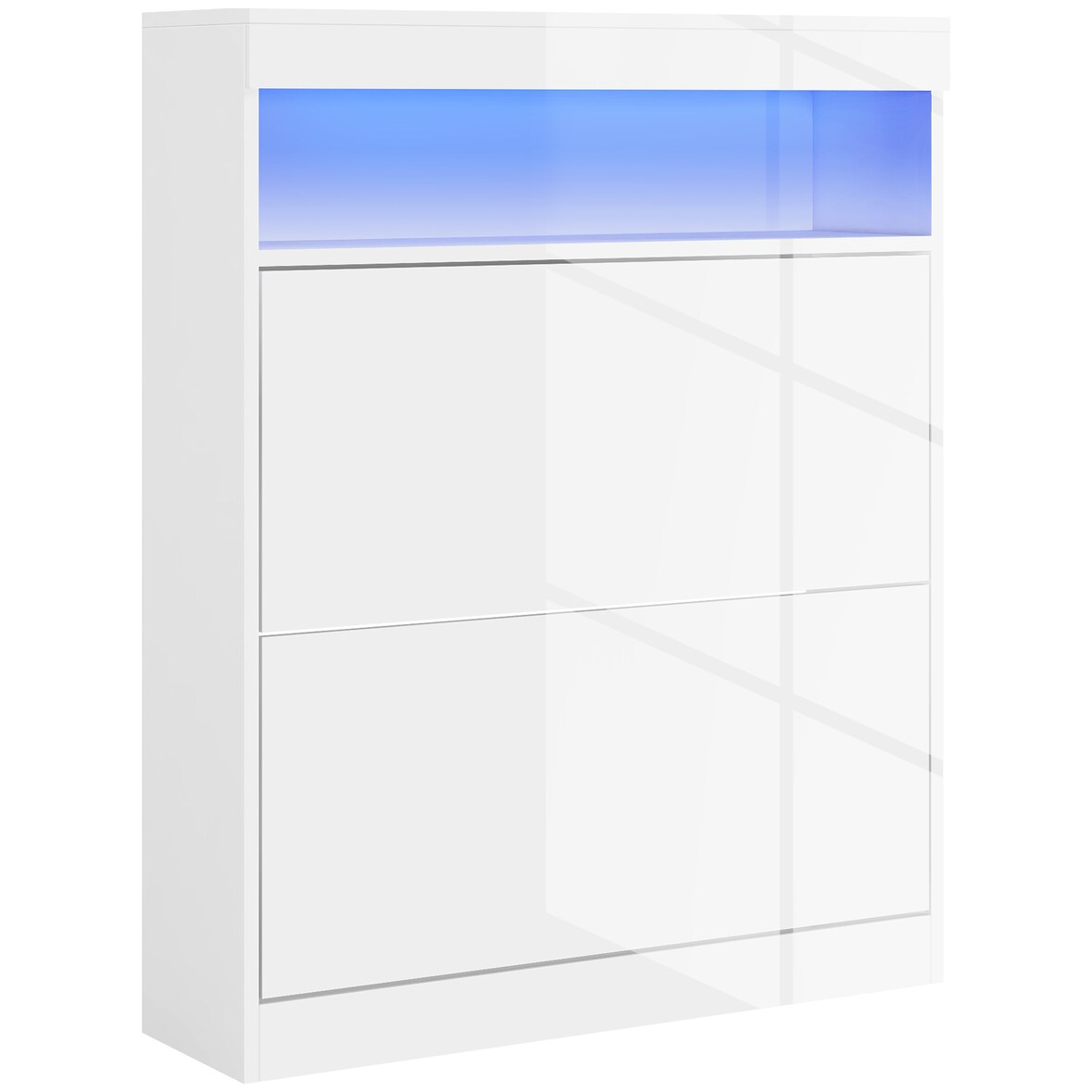 Mueble zapatero de recibidor con luces LED estante abierto y 2 cajones abatibles para 12-16 pares de zapatos 80x24x99,5 cm blanco brillante