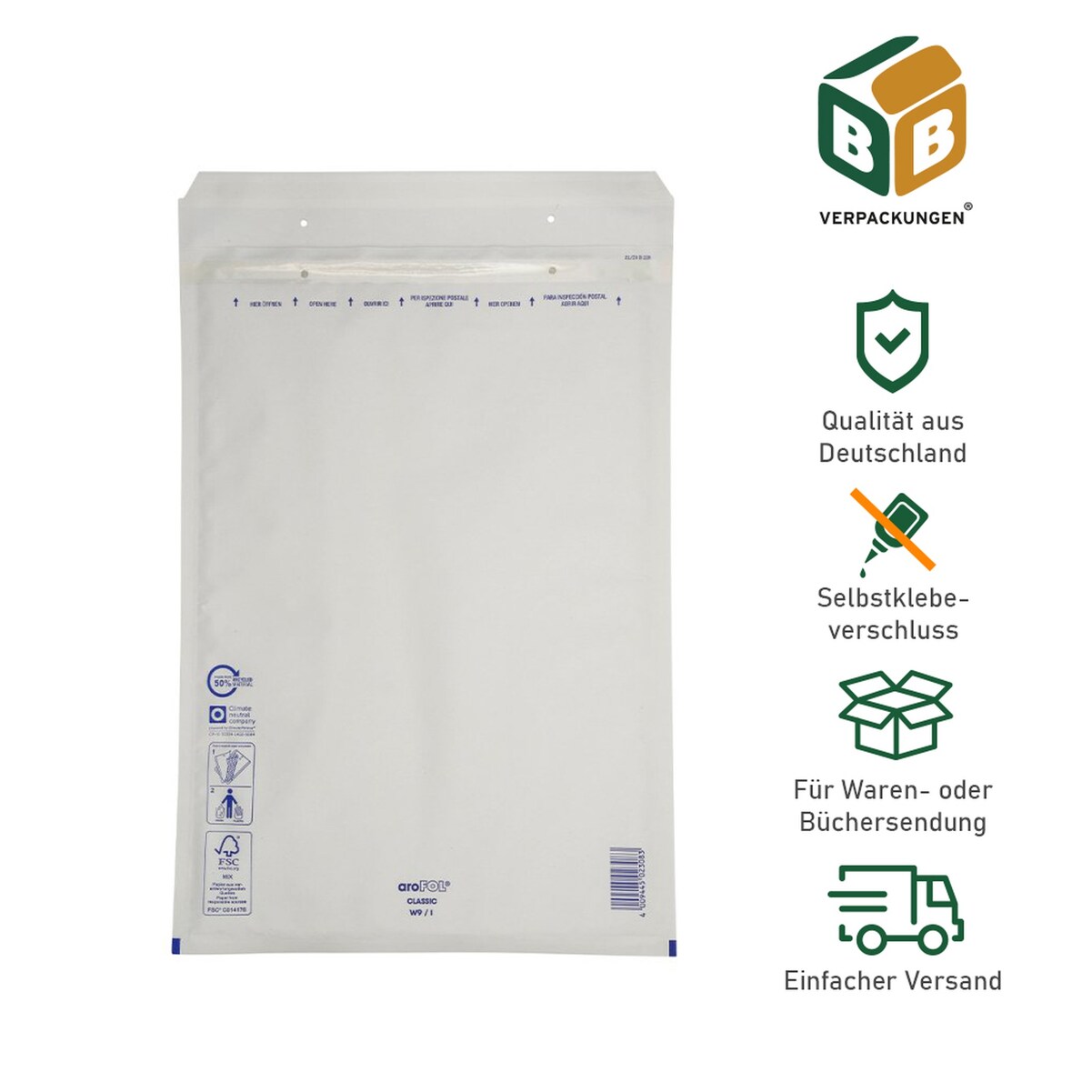 150 x Luftpolsterversandtasche (320 x 455 mm) 9 / I weiß Luftpolstertaschen Umschläge Versandtaschen Selbstklebeverschluss BB-Verpackungen
