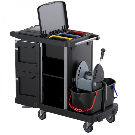 TWT Carrello per la pulizia multiuso Opera 05 Re use  in polipropilene riciclabile, con strizzatore nero, secchi lt 15. nero