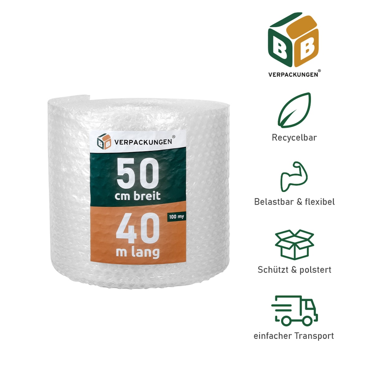2 x Luftpolsterfolie (0,5 x 40 m) 2-lagig 100 my Große Noppen Versandfolie Polster Verpacken Knallfolie Transport BB-Verpackungen