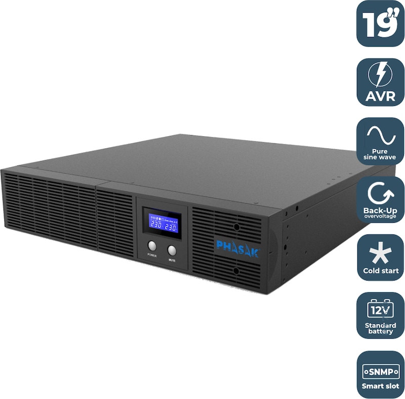 Una unidad de SAI negra en rack con pantalla LCD azul.