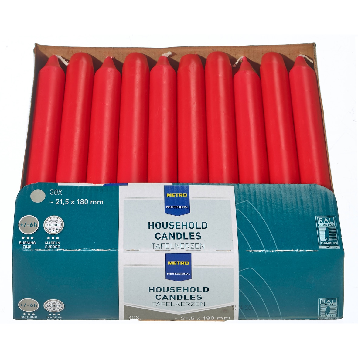 METRO Professional Candele da tavola, paraffina, 2,15 x 18 cm, circa 6 ore, rosso, 30 pezzi