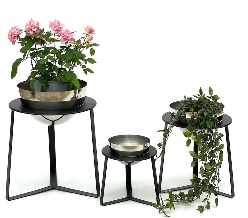 DanDiBo Blumenhocker Metall mit Topf Schwarz Silber Blumenständer 96091 3er Set Blumensäule Modern Pflanzenständer Pflanzenhocker