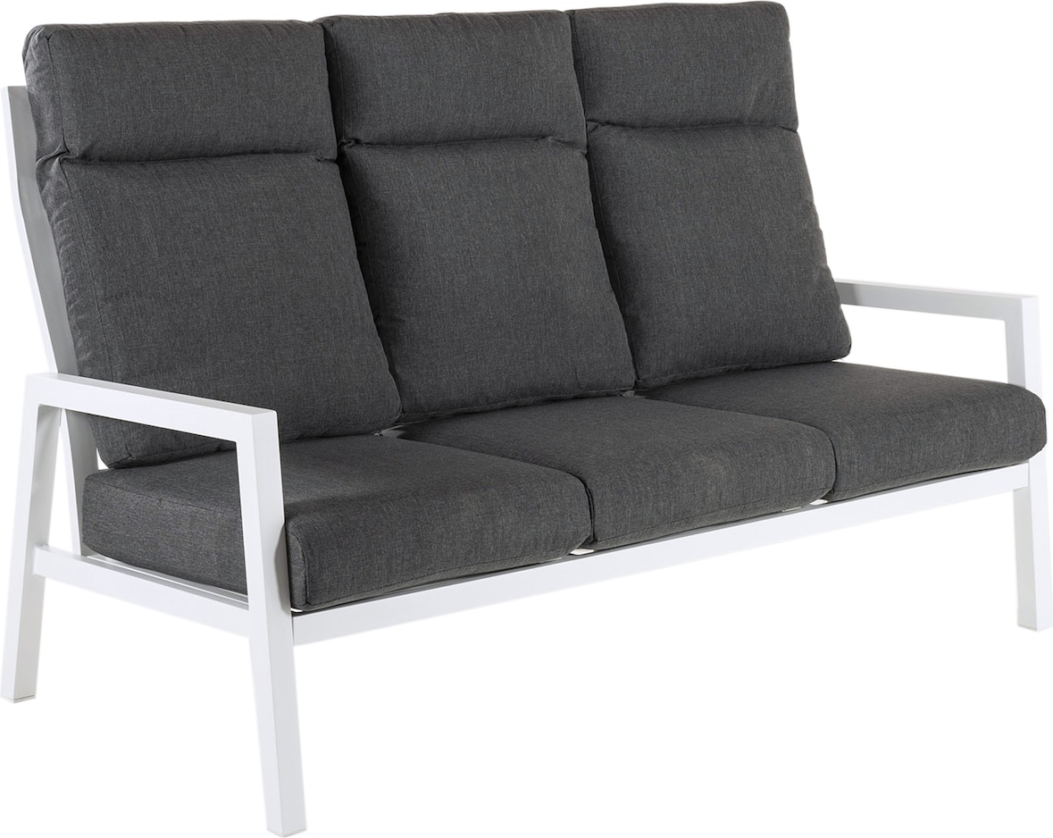 Sofá jardín de aluminio reforzado color blanco, 3 plazas, Cojines color gris oscuro, Altura 104 cm