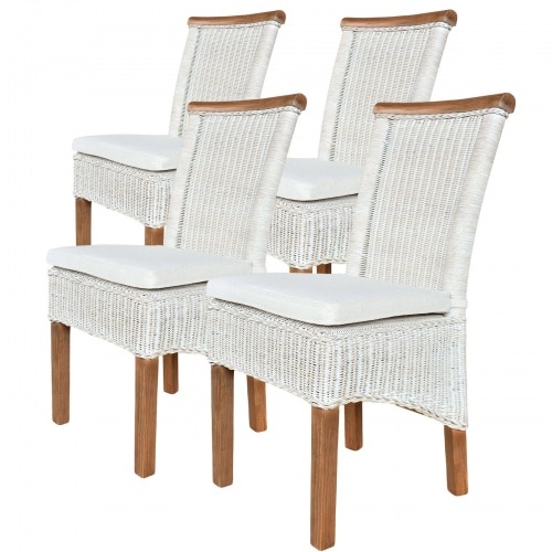 Esszimmer Stühle Set Rattanstühle Perth 4 Stück weiß Esstisch Stühle Korbstühle nachhaltig : mit Sitzkissen