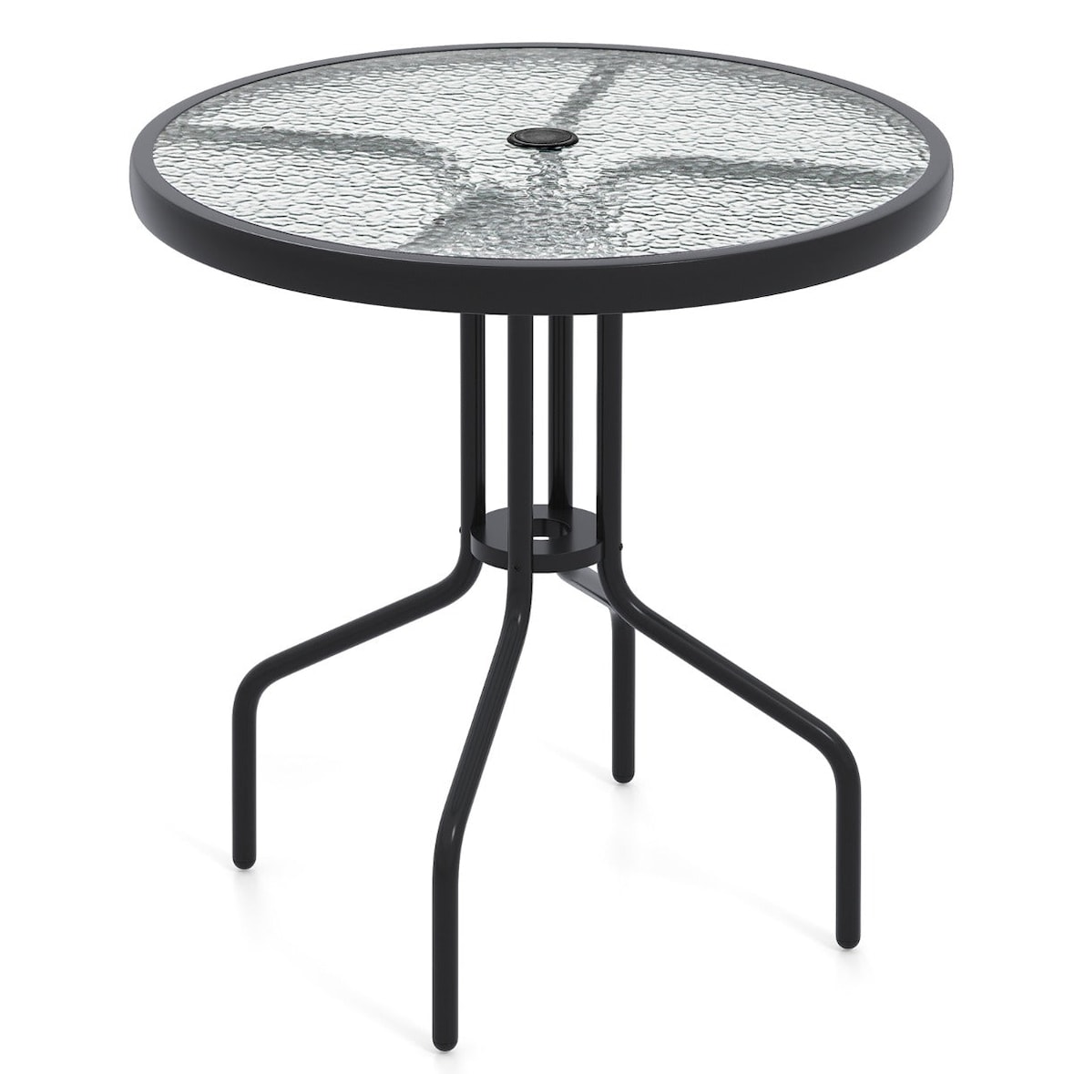 Helloshop26 - Table de jardin ronde 70 cm avec trou pour parasol design moderne en métal noir verre trempé 20_0013995
