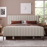 thumbnail of Polsterbett 180x200 mit höhenverstellbarem Kopfteil, Kiefernholzlatten, Stauraum, komfortabler Leinenbezug, stabiles modernes Schlafzimmer Grau-Beige