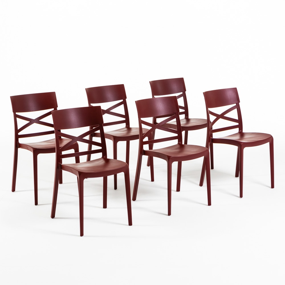 Set 6 Chaises en polypropylène avec fibre de verre empilables pour extérieur et jardin, bar et restaurant, cuisine design moderne - MARTINA - Merlot