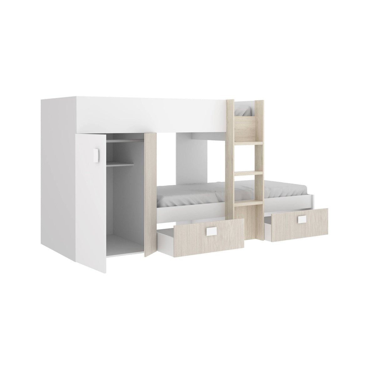 Dmora Letto per bambini Cevedale, Cameretta completa con armadio e cassetti, 271x111h150 cm, Bianco e Rovere