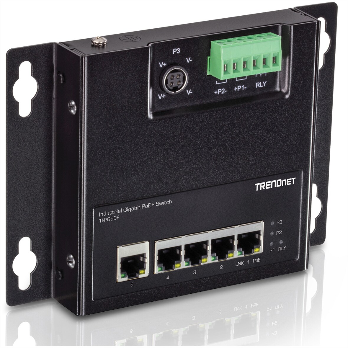 TRENDnet TI-PG50F 5-Port Industrial PoE+ Gigabit Front Access Switch, wandmontierbar