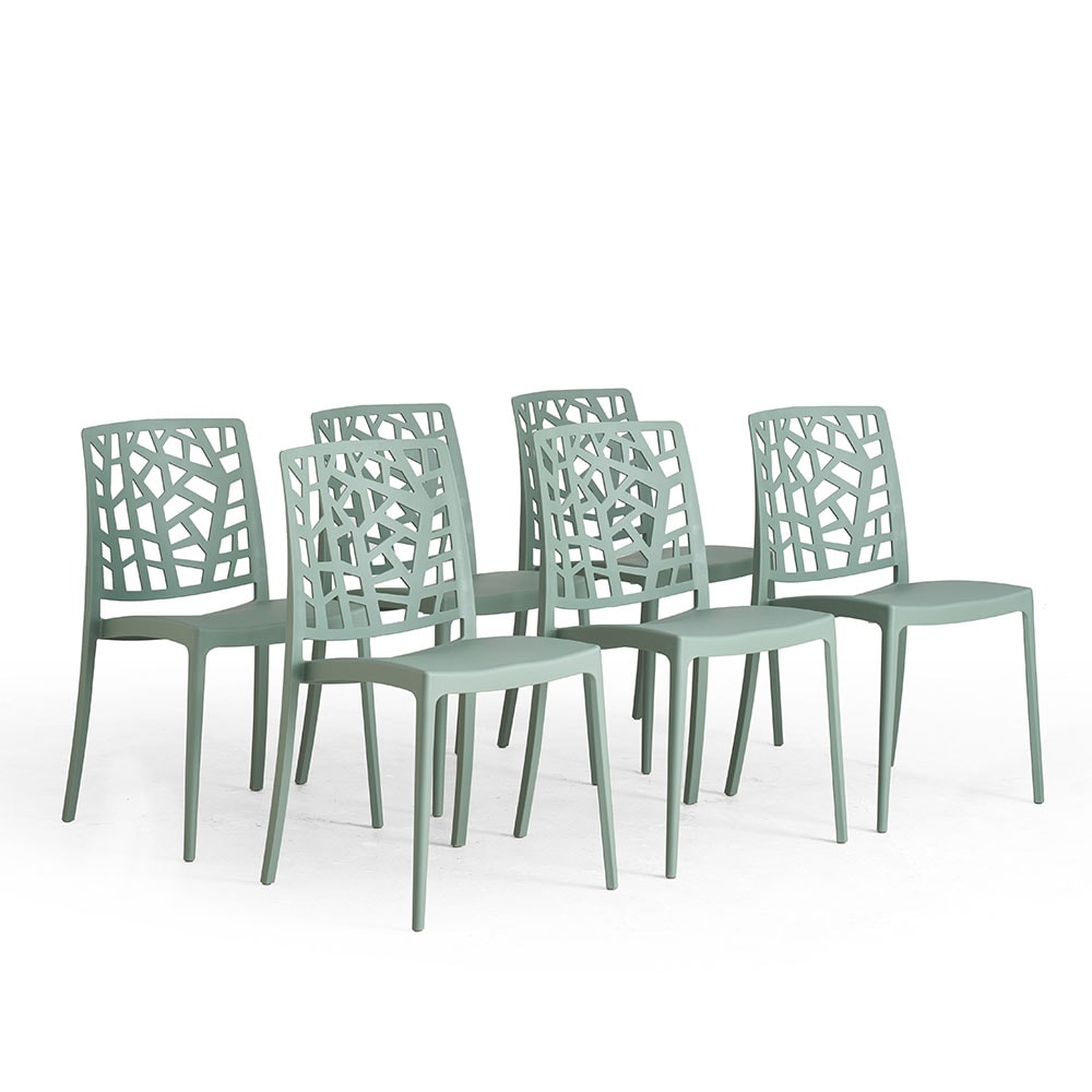 Lot de 6 chaises empilables en polypropylène avec fibre de verre pour jardin ou intérieur, hydrofuges et résistantes, design moderne-TRIXY-Sauge