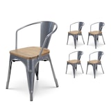 thumbnail of Lot de 4 chaises en métal gris argenté style industriel avec assise en bois clair - Avec accoudoirs