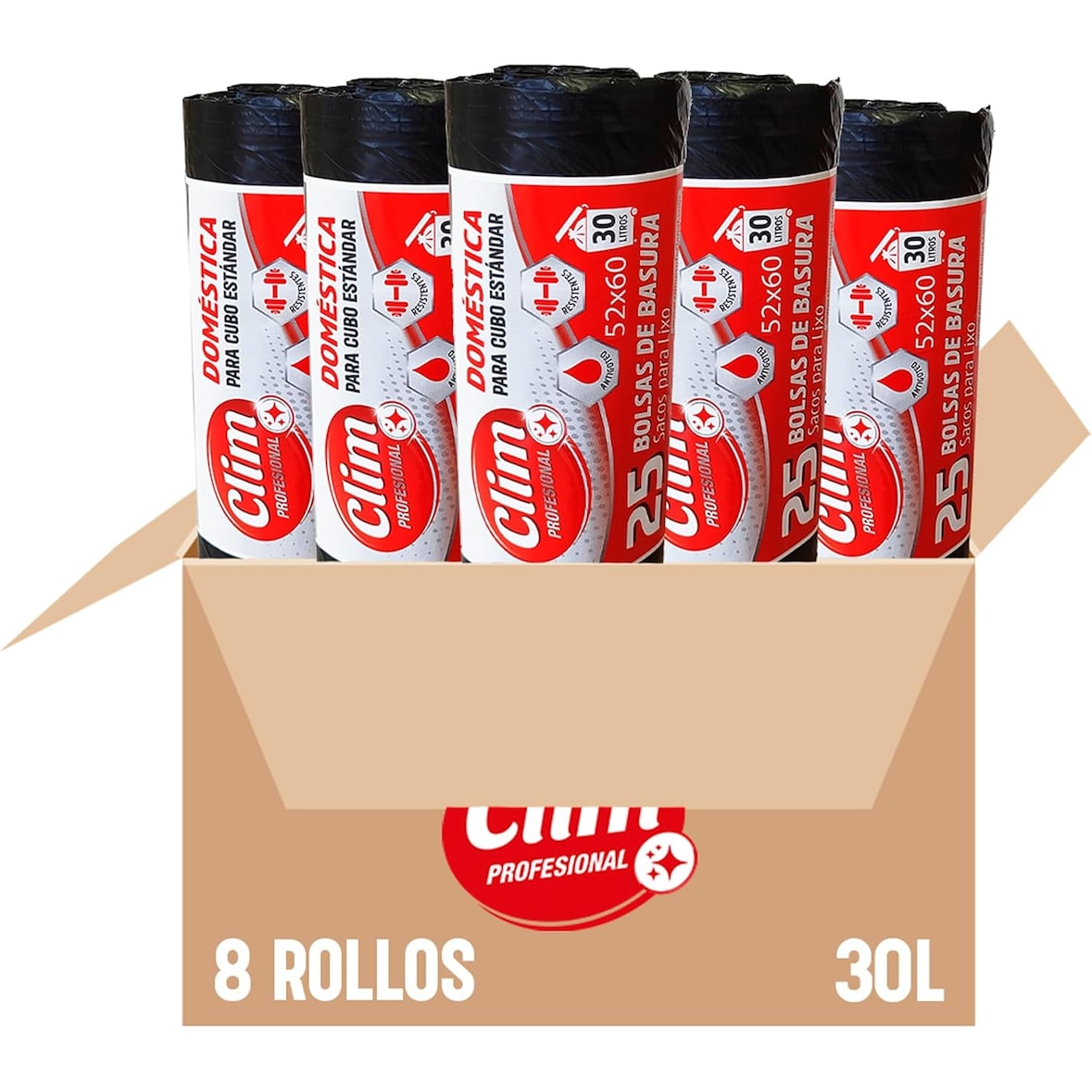 200 bolsas de basura domésticas 30L 52x60 cm antigoteo. Pack de 8 rollos de 25 bolsas