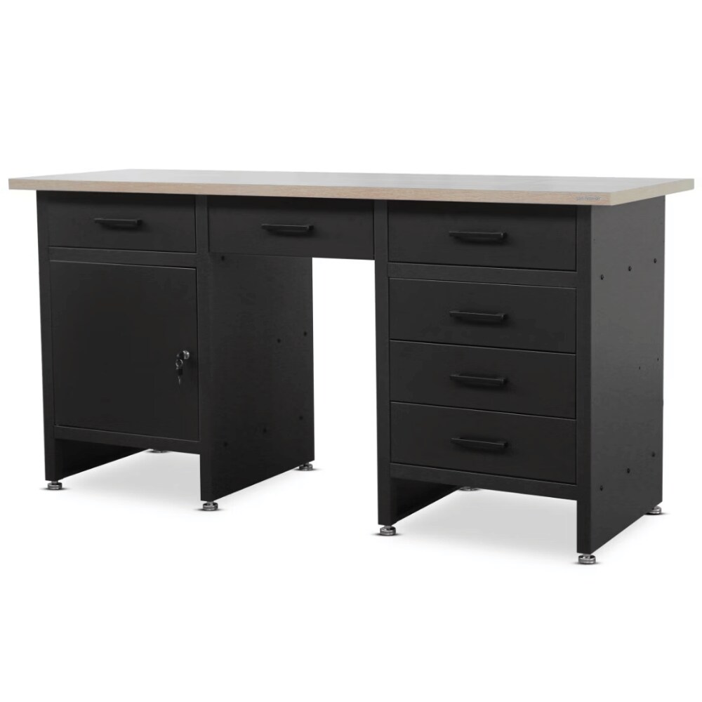 Werkbank Werkstatt KARL - 6 Schubladen, 1x Schließfach, MDF-Tischplatte Braun | Werktisch Montagewerkbank Arbeitstisch 85x170x60cm Schwarz