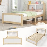 thumbnail of Stauraumbett 90x200 cm mit integriertem Bücherregal Taschenfederkernmatratze Holz Konstruktion niedriger Fußteil modernes Design Grau Weiß