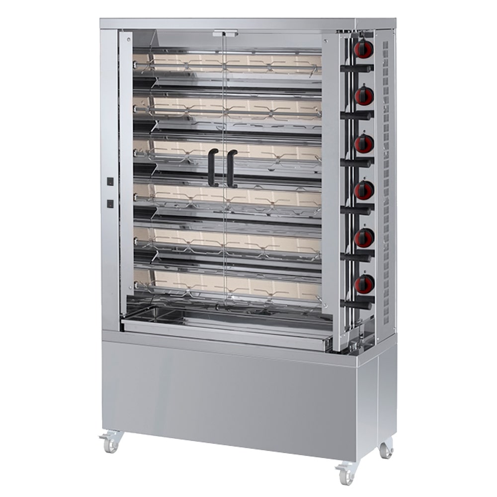 Rotissoire a poulets gaz 6 broches = 30/36 poulets - 1100x450x1760 mm - 42 Kw + 85 W 230/1V - 53300063 Eurast