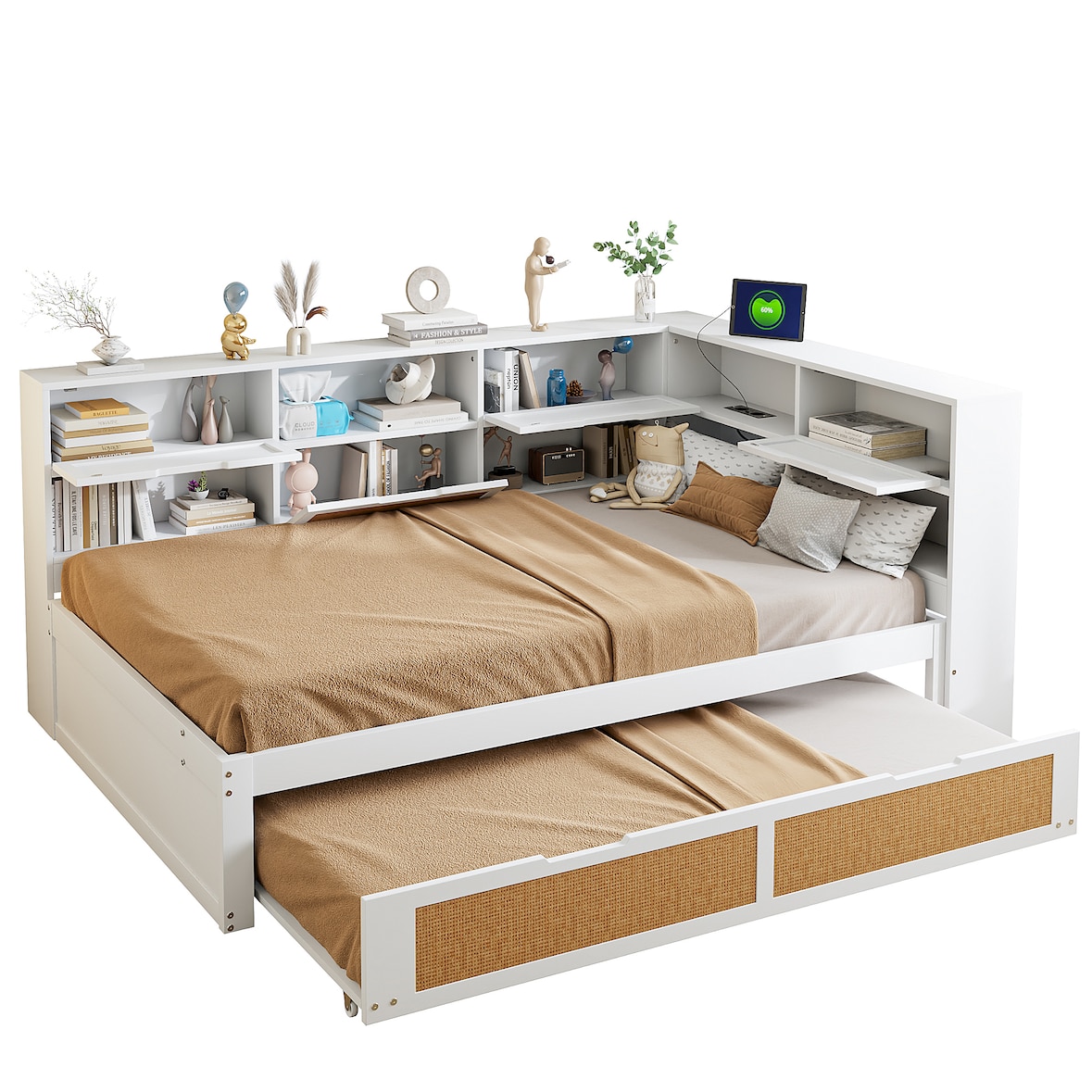 Schlafsofa 140x200 cm aus Holz mit Ausziehbett – multifunktionales Einzelbett für kleinen Raum Weiß