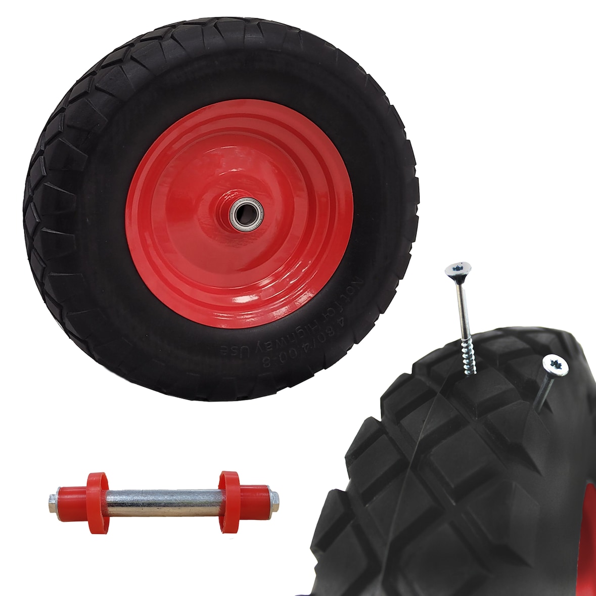 Schubkarrenrad pannensicher Vollgummi 4.80/4.00-8 rot/schwarz + Achse Ersatzrad Reifen PU