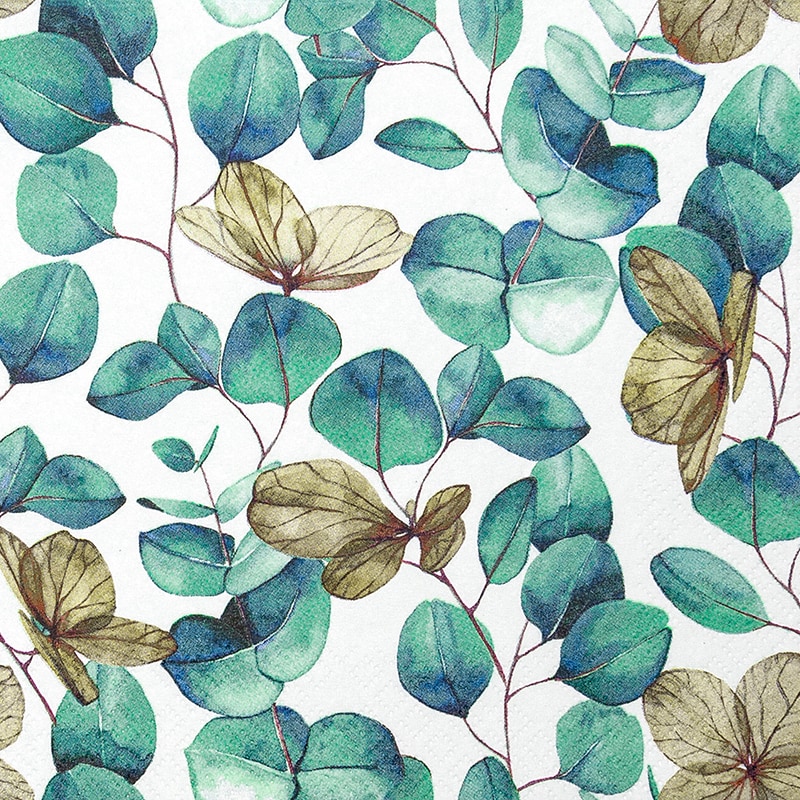 Home Fashion, Eucalyptus Leaves, Cocktail-Servietten aufgefaltetes Maß 25 cm x 25 cm, im Viertelfalz, 20 Stück pro Pack