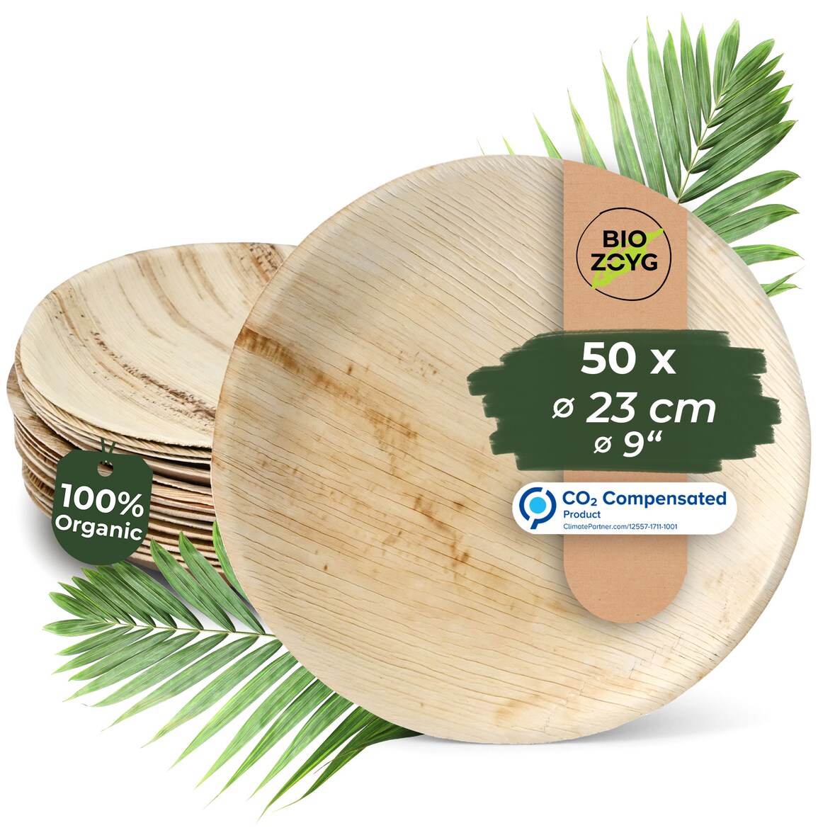 BIOZOYG 50 Stück Einwegteller Ø 23cm Palmblatt-Teller, rund, biologisch abbaubar, umweltfreundlich, kompostierbar, wiederverwertbar, Wegwerfteller