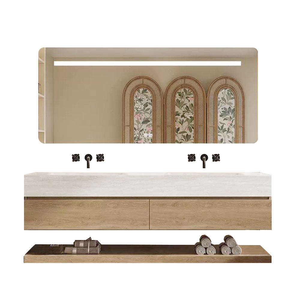 【RW4822-130BKK】Waschbecken Doppelspüle Spüle mit zwei Becken Waschbecken Set Spüle ohne Armaturenloch Keramik mit LED-Spiegel, Ablageplatte, Schrank