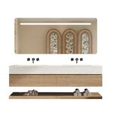 thumbnail of 【RW4822-130BKK】Waschbecken Doppelspüle Spüle mit zwei Becken Waschbecken Set Spüle ohne Armaturenloch Keramik mit LED-Spiegel, Ablageplatte, Schrank