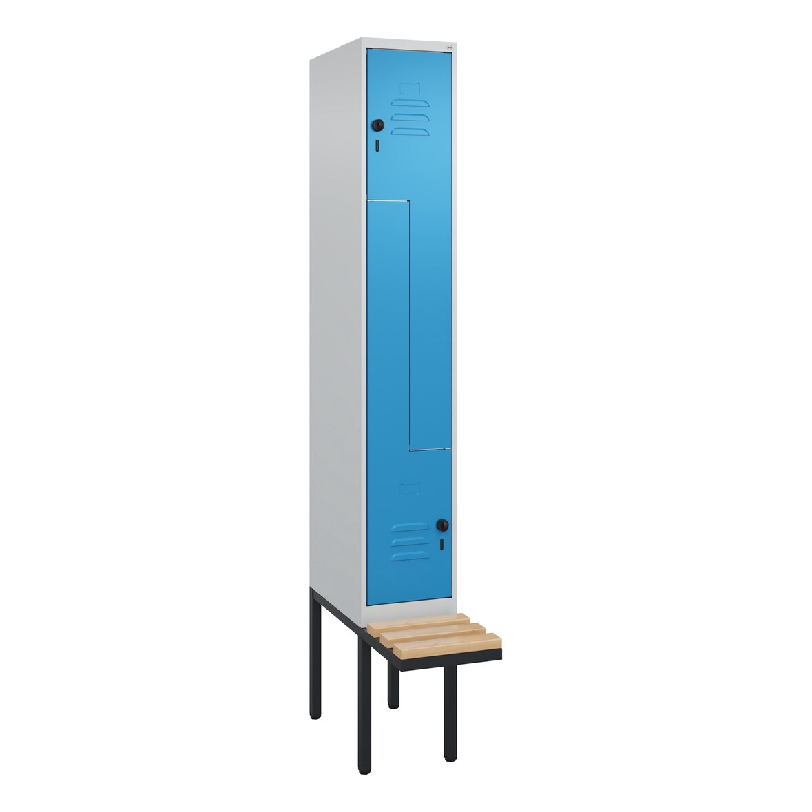 C+P Z-Spind Classic PLUS, Kunststoff schwebende Sitzbank, 2 Abteile, HxBxT 212x40x82cm, Zylinderschloss, Hellgrau/Reinorange von PROREGAL