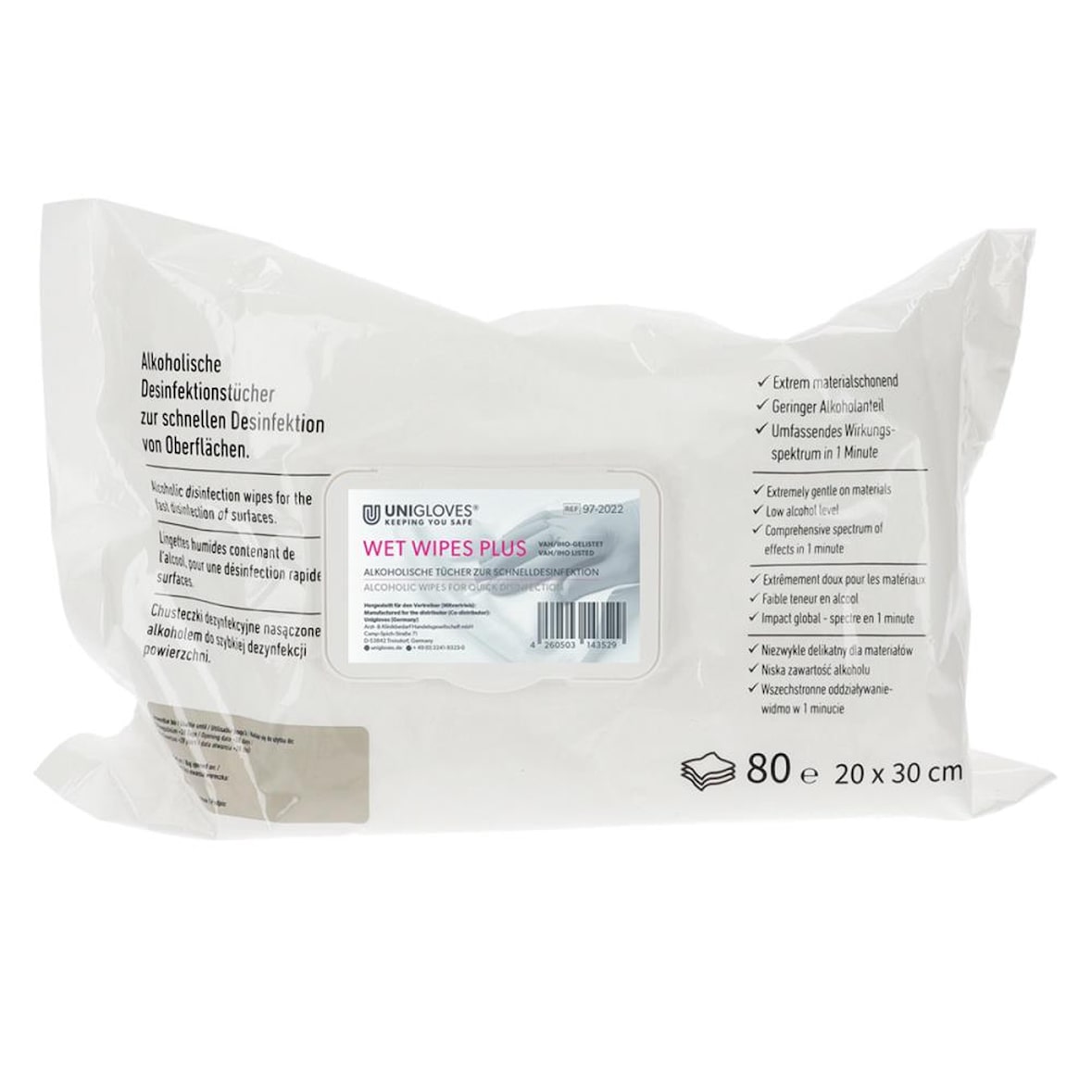 UNIGLOVES Wet Wipes Plus - Desinfektionstücher - gebrauchsfertig - 6 x 80 Stück