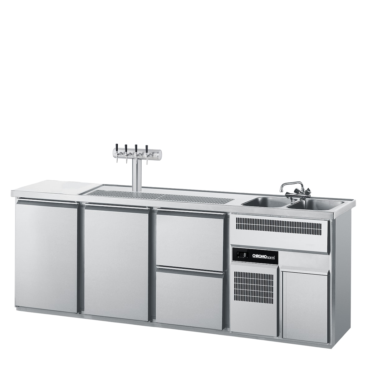 CHROMOnorm Getränketheke mit zwei Becken rechts, zwei Türen und 2 Zügen 1/2
