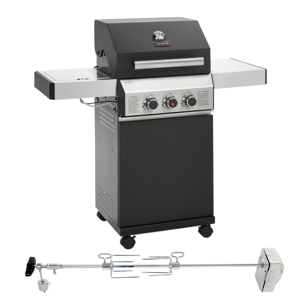 TAINO BLACK 2+1 + draaispit set gasbarbecue met zijbrander gasbarbecue 2 branders mat zwart